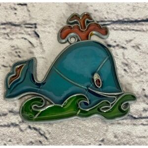 VTG Blue And Orange Whale Sun Catcher Stained Glass Style 3" X 2 3/4" Kitschy